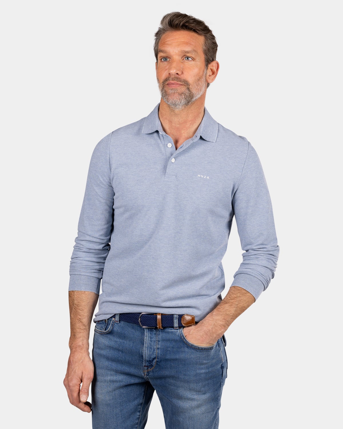 Hellblaues Poloshirt mit langen Ärmeln - Marble Blue