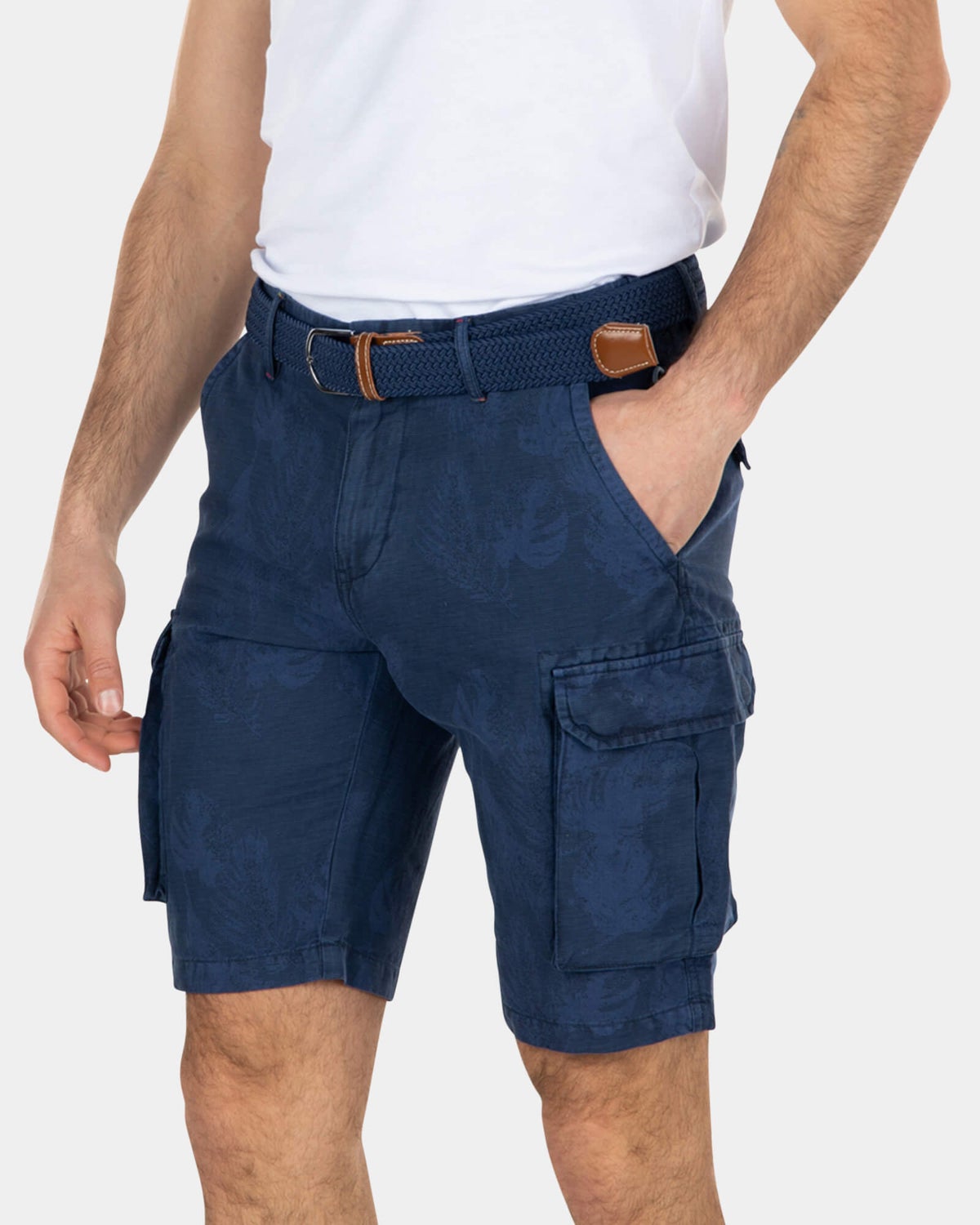 Pantalón corto cargo de lino y algodón estampado - Key Navy