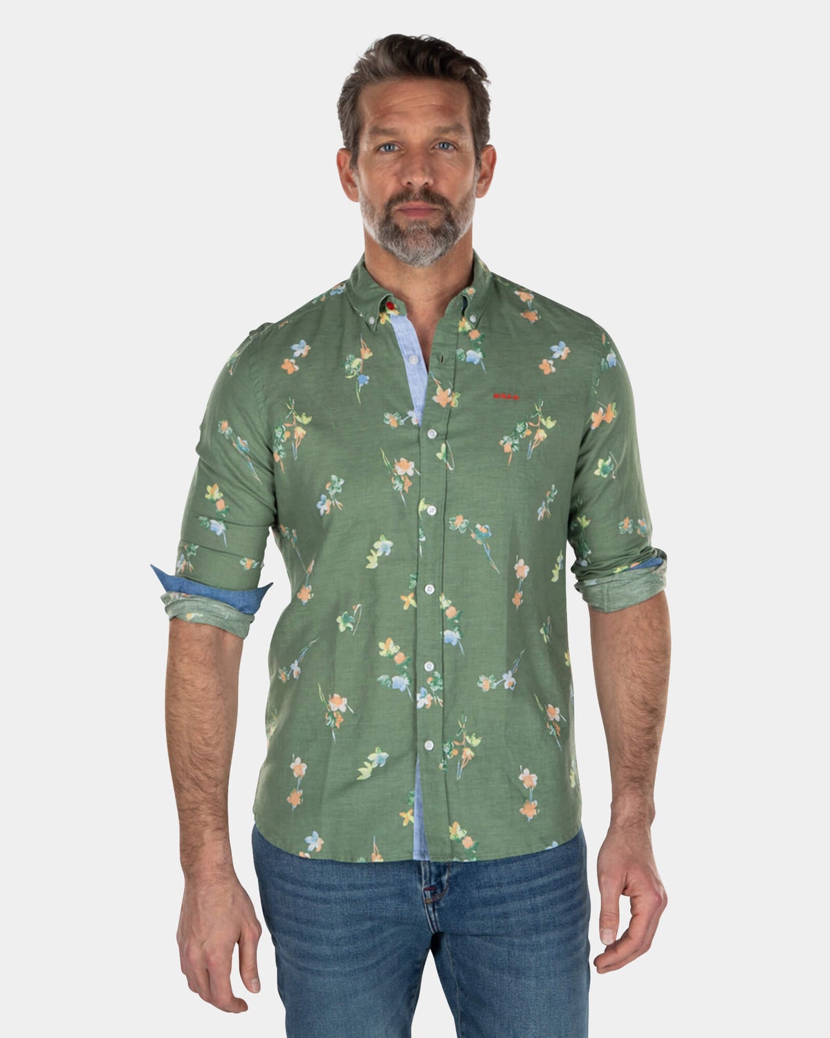 Camisa de lino y algodón con estampado de flores - Active Army