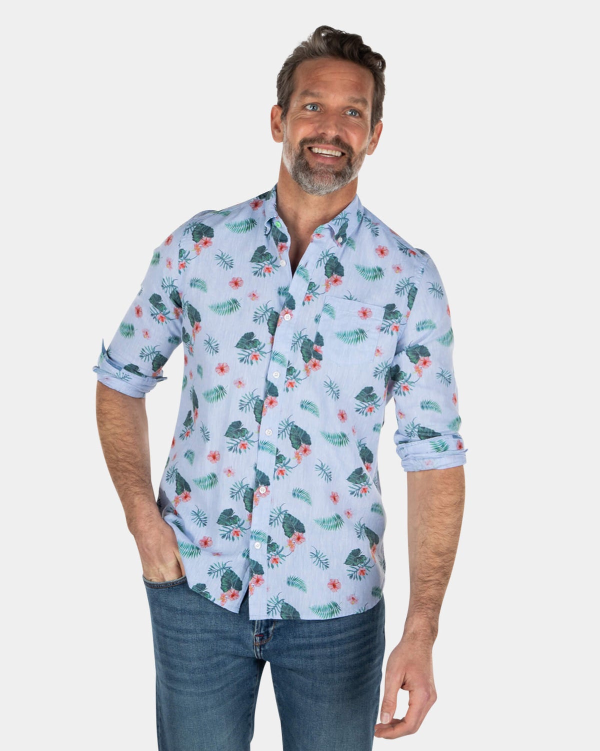 Chemise en lin et coton bleu imprimé feuilles