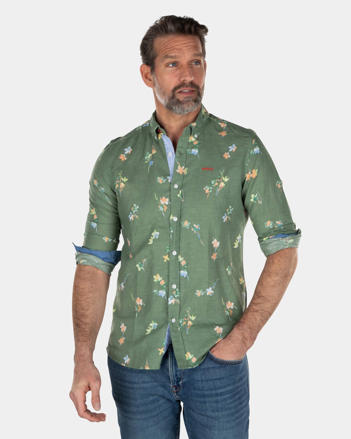 Camisa de lino y algodón con estampado de flores - Active Army