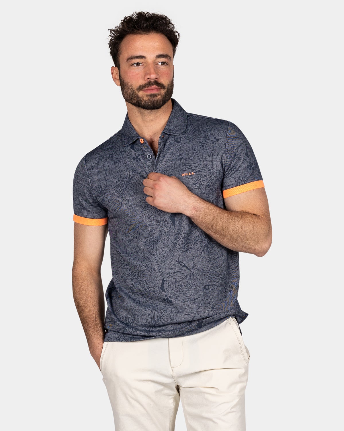 Lyocell polo met lichte bloemenprint - Ocean Navy