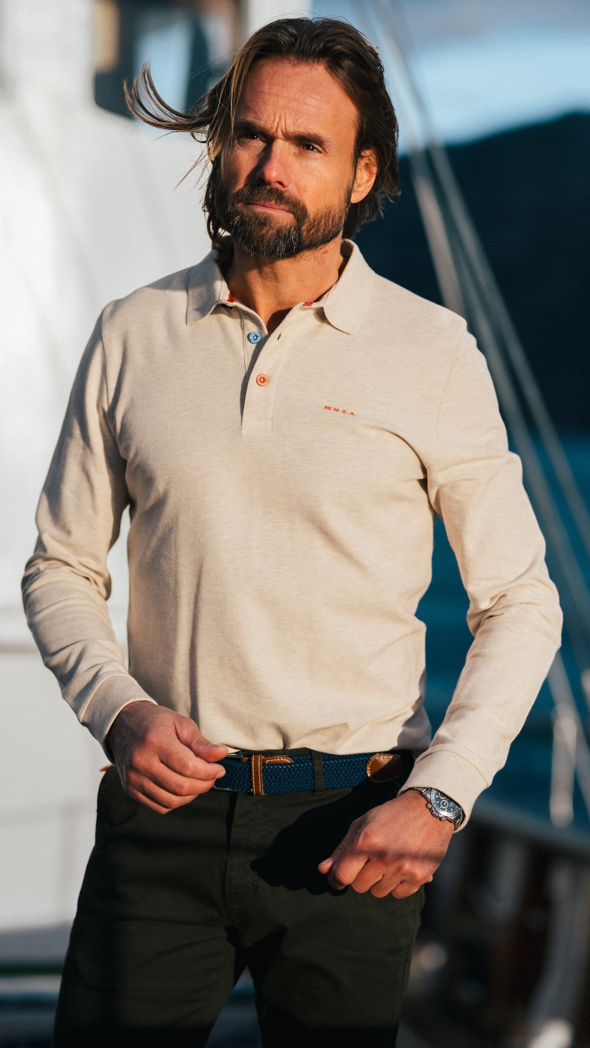 Ecru Baumwoll Poloshirt mit langen Ärmeln - Powder Sand