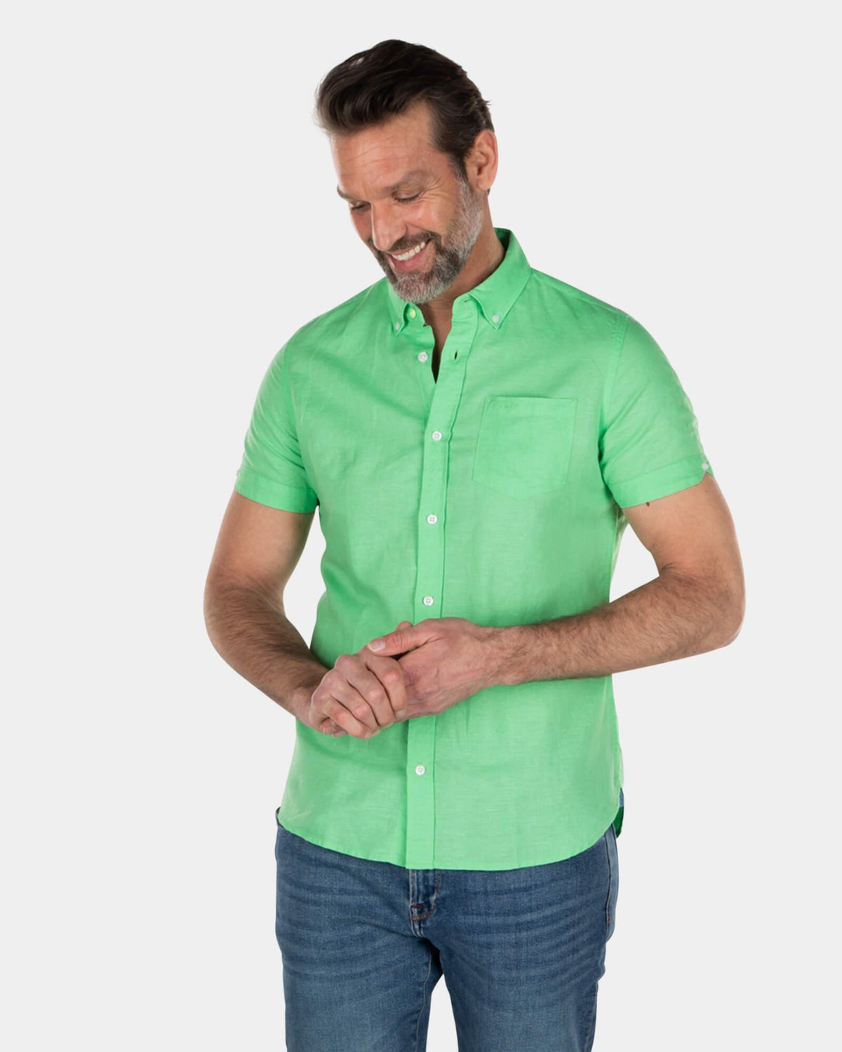 Effen linnen overhemd met korte mouw - Sea Green