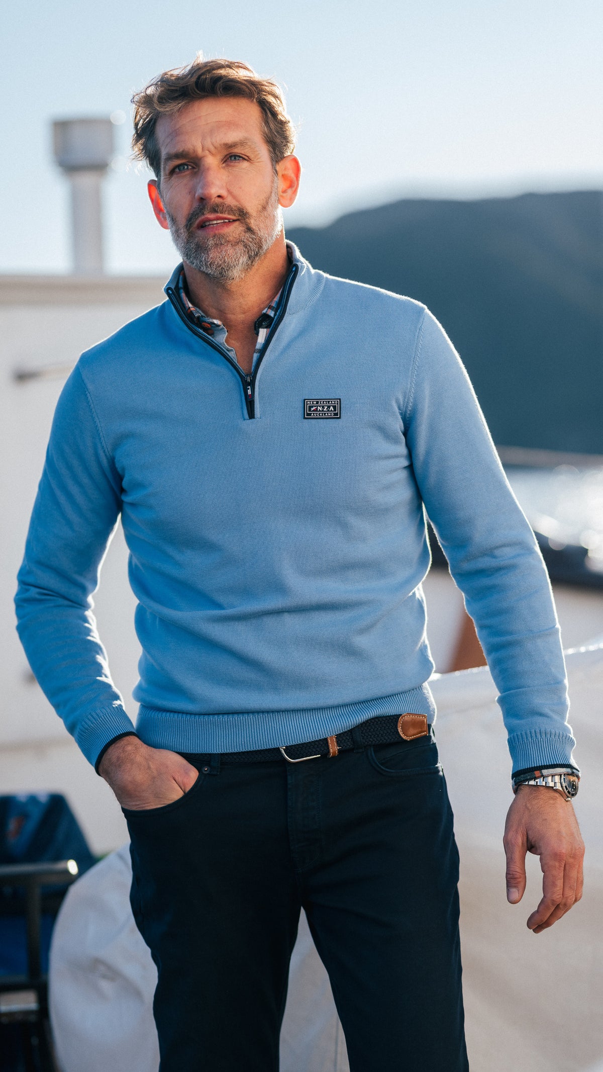 Feinstrick blauer Pullover mit halbem Reißverschluss - Frozen Blue