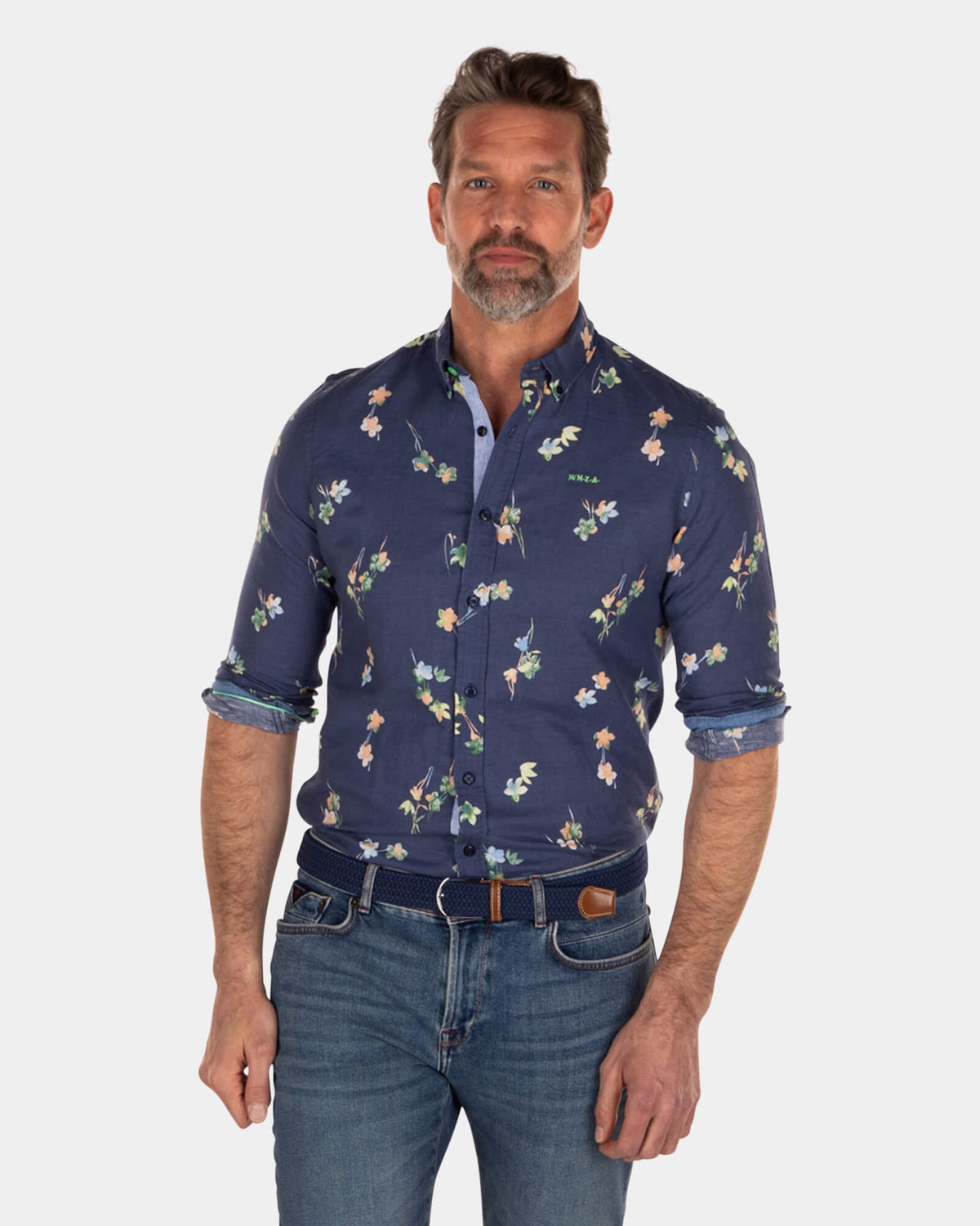 Chemise en lin et coton à imprimé fleuri - Key Navy