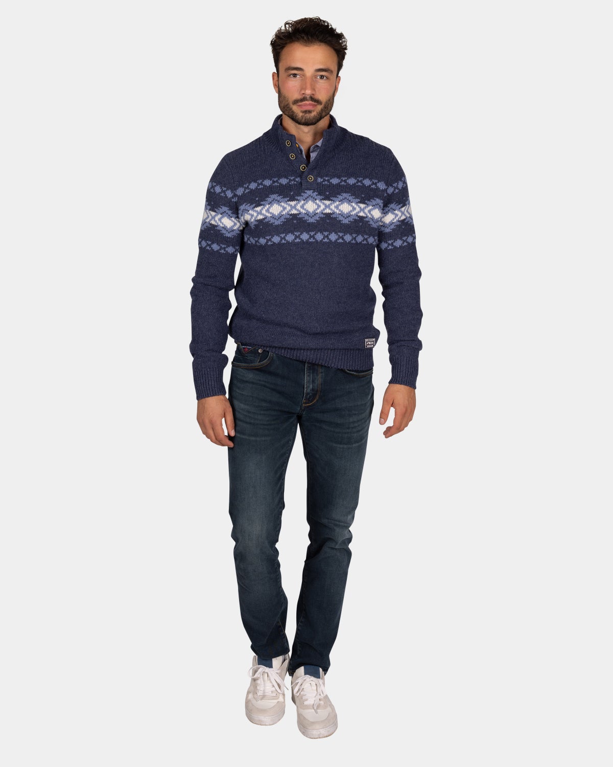 Blauwe pullover met knopen en lichtblauw motief - Tin Blue