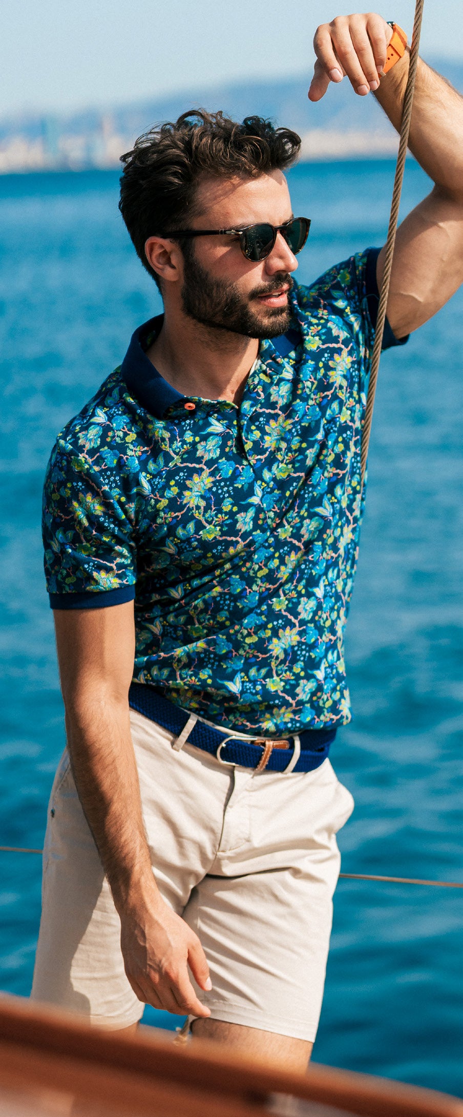 Blauwe polo met bloemenprint - Blue Multi Colour