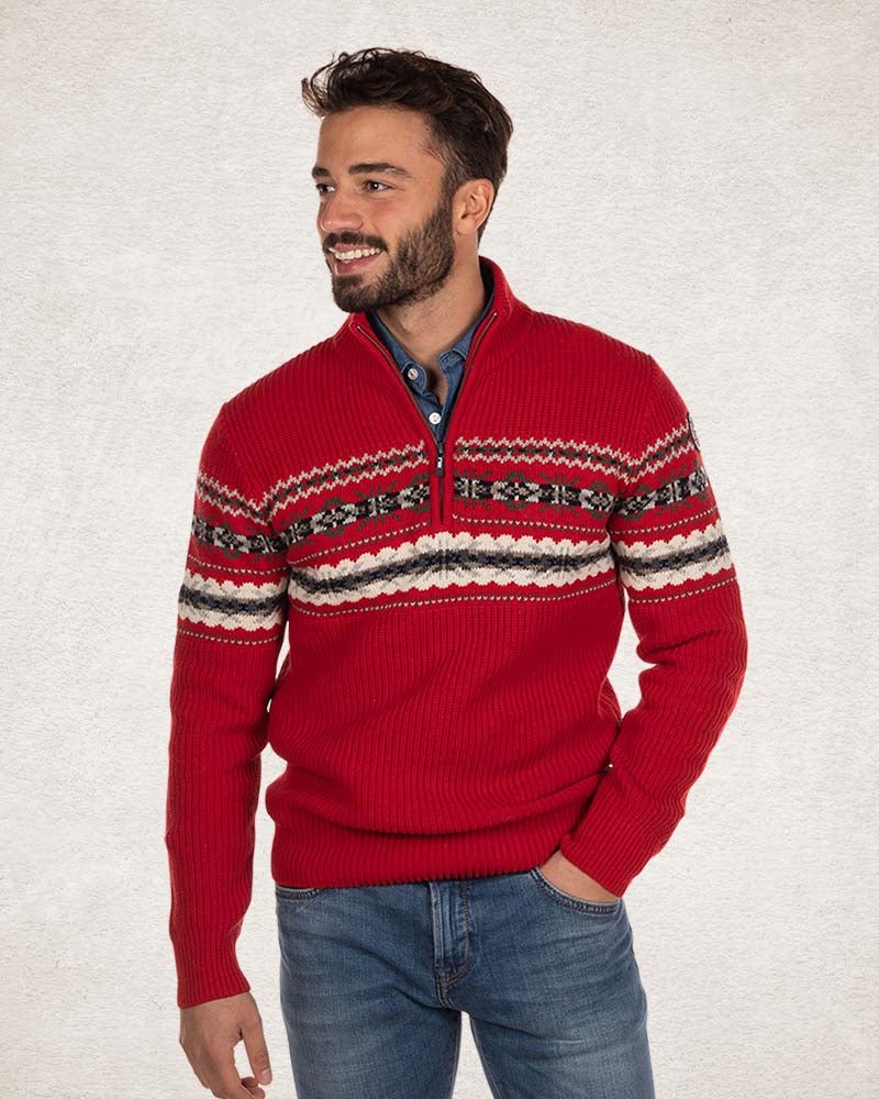 Pullover mit halbem Reißverschluss aus Baumwolle und Wolle - Carmine red