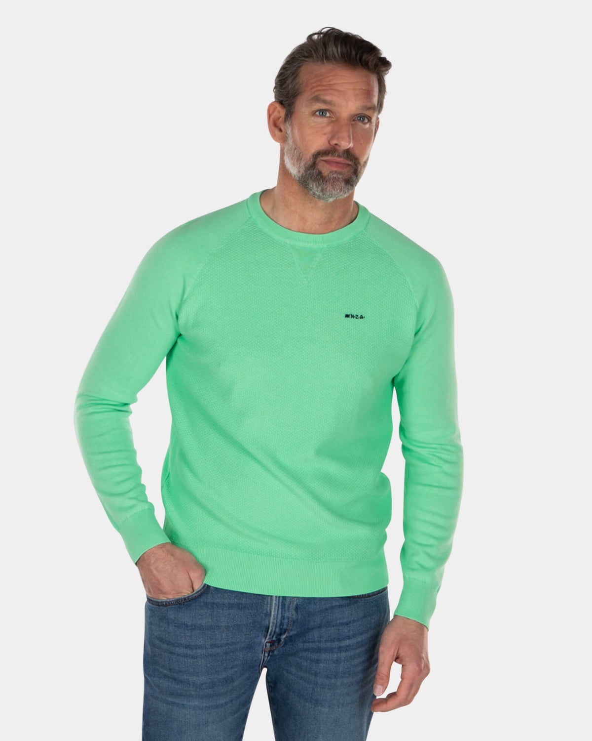 Pull col rond uni en coton vert - Sea Green