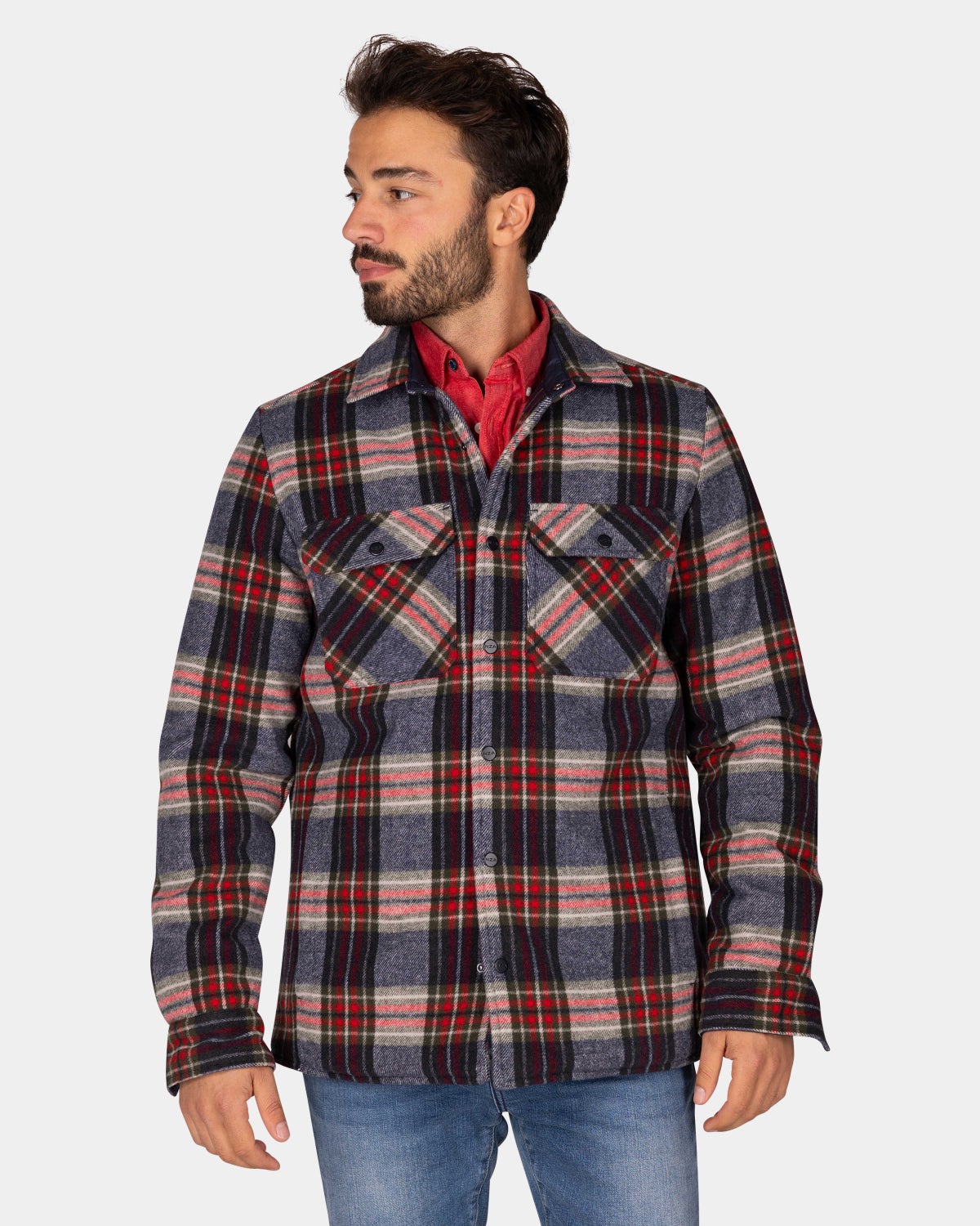 Gray-green-red checkered flannel padded shirt - Winter Navy