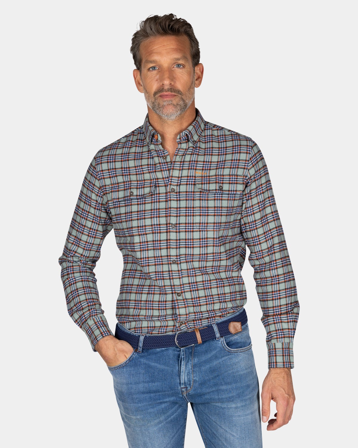 Green red checked shirt - Pebble Green