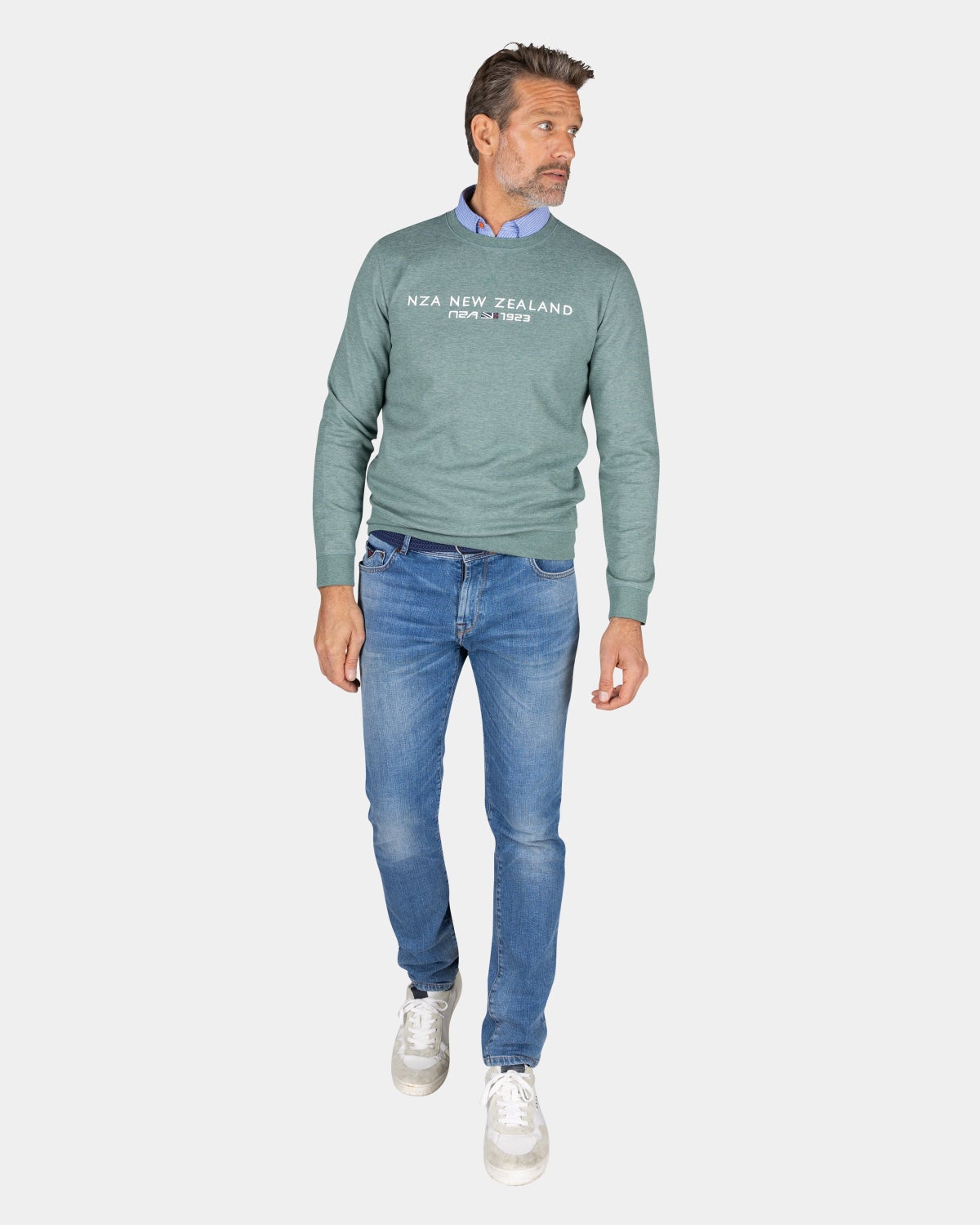 Green sweater with chest text - Pebble Green