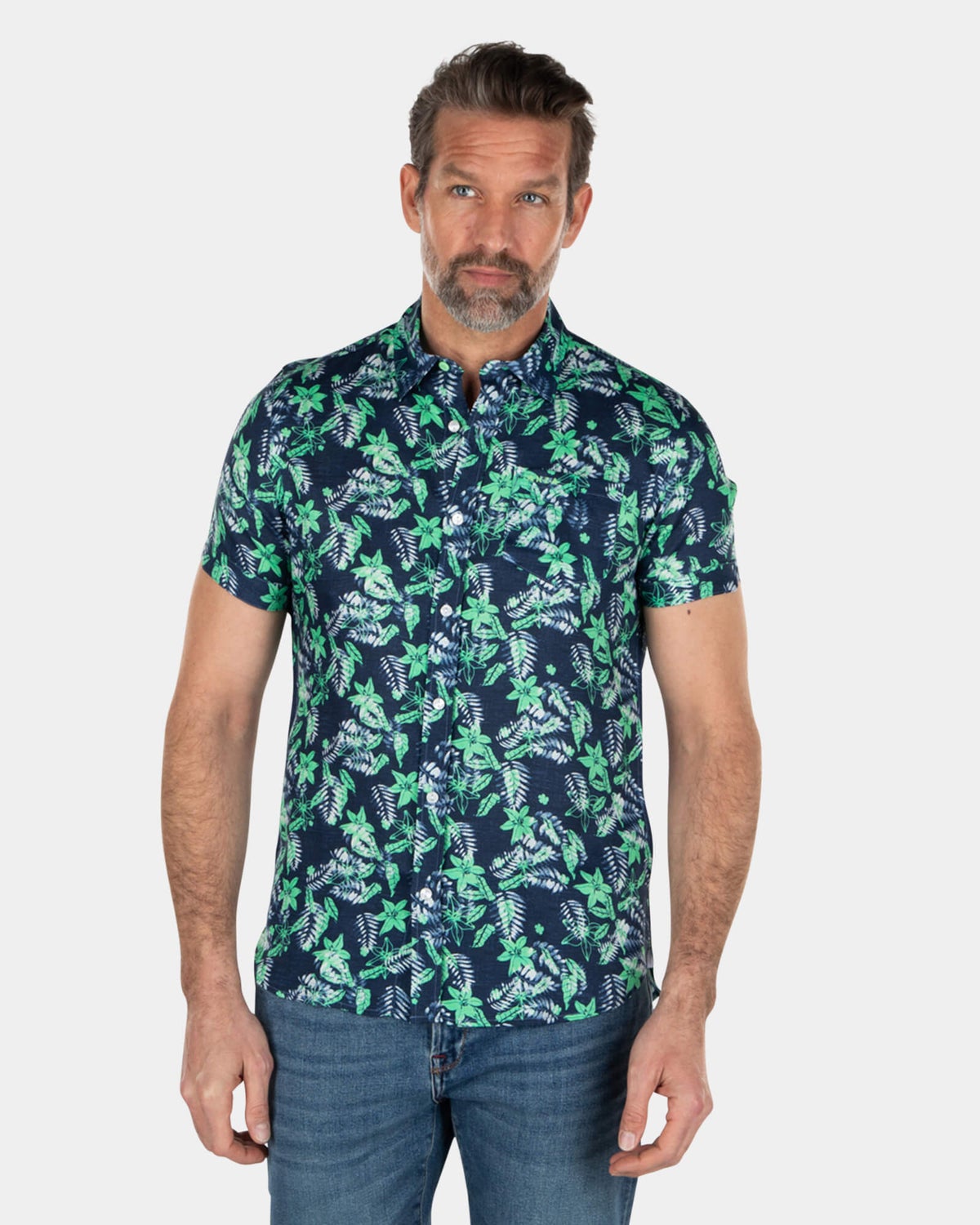 Chemise manches courtes imprimé fleurs vert bleu - Sea Green