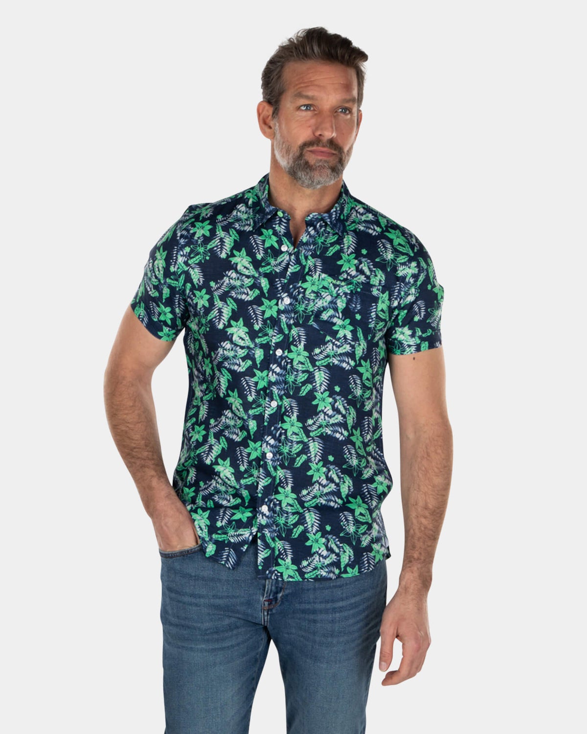 Chemise manches courtes imprimé fleurs vert bleu - Sea Green