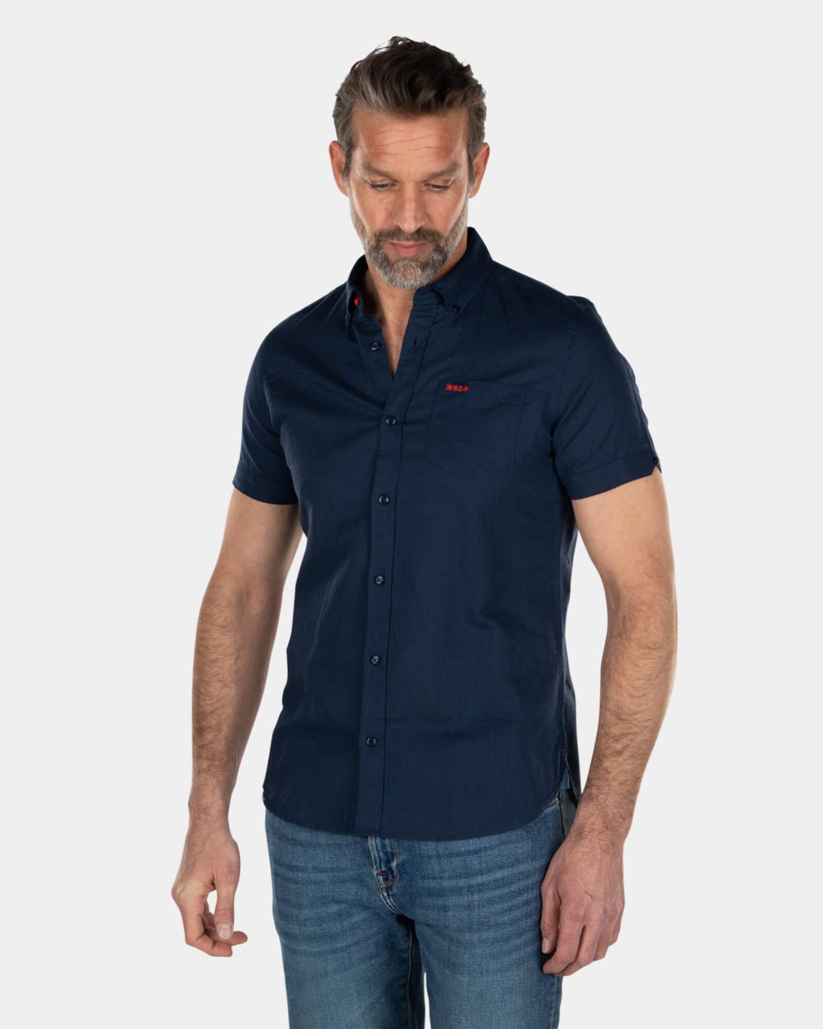 Camisa manga corta lino color liso - Key Navy