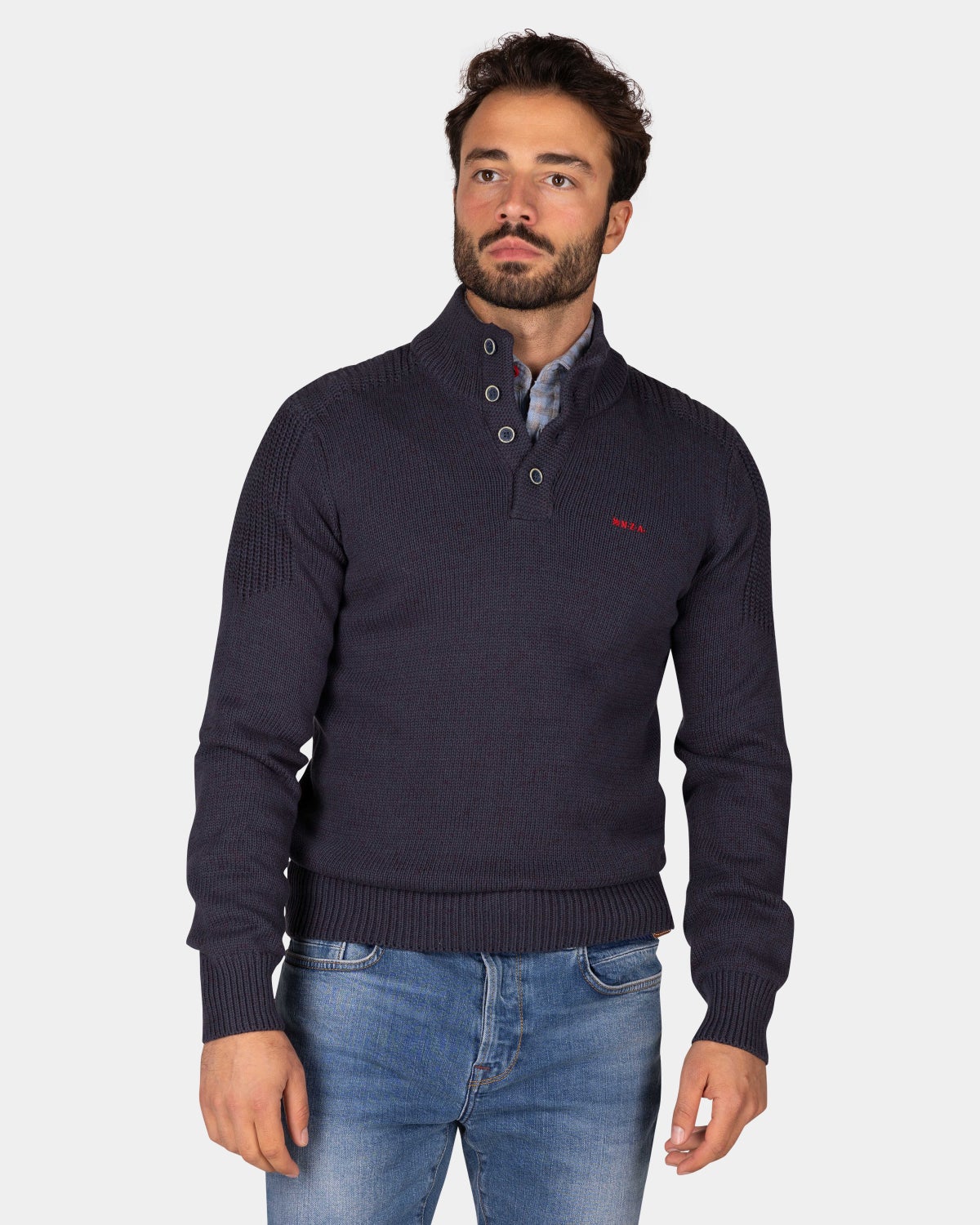 Donkerblauwe gebreide katoenen trui met knopen - Winter Navy