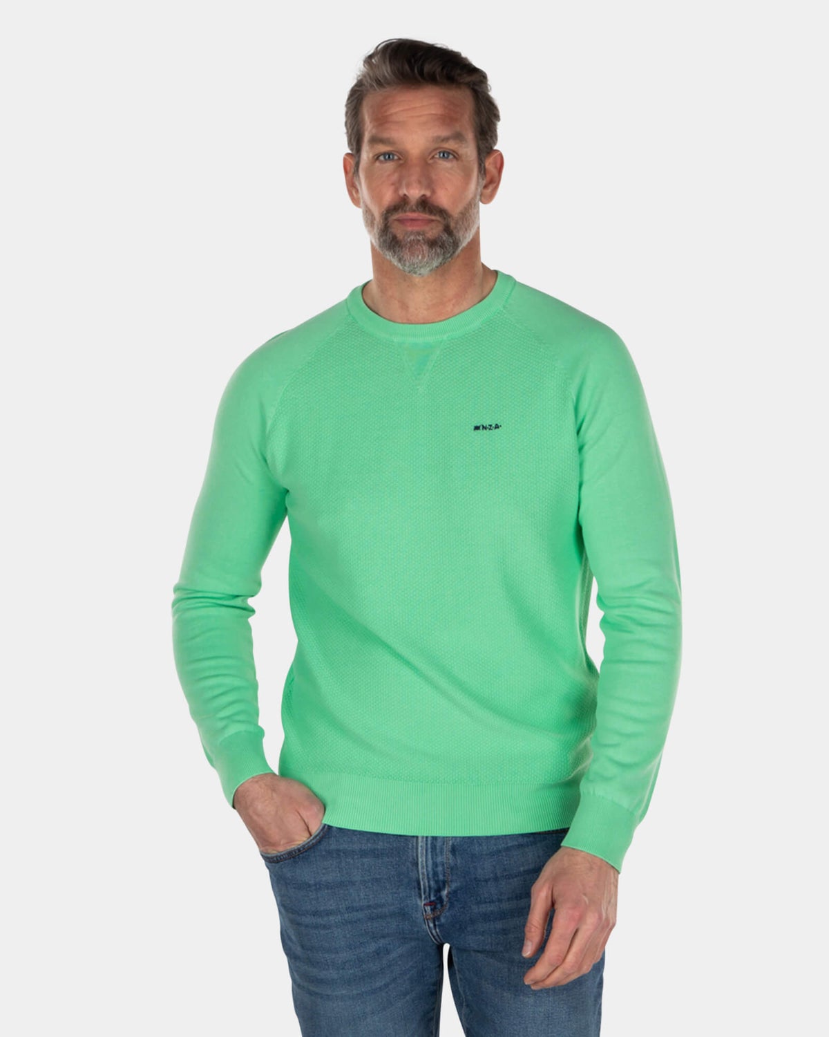 Pull col rond uni en coton vert - Sea Green