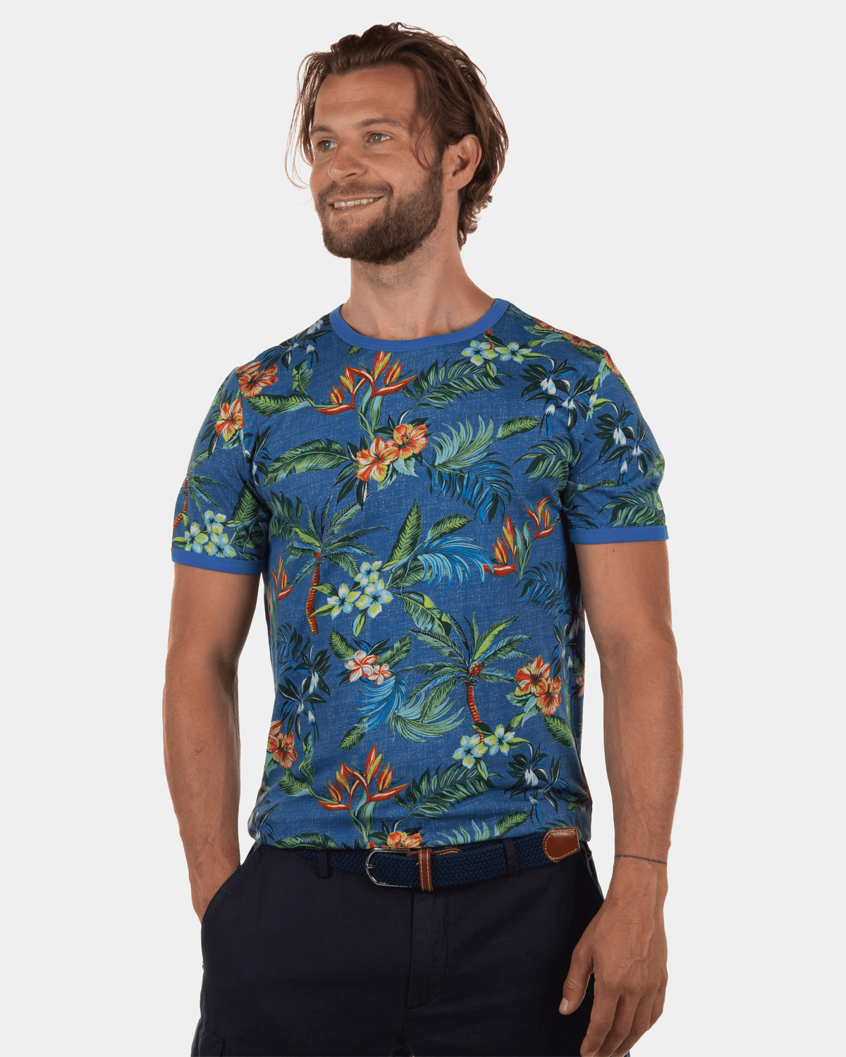 Moumoukai gebloemd katoenen t-shirt - Chinese Blue