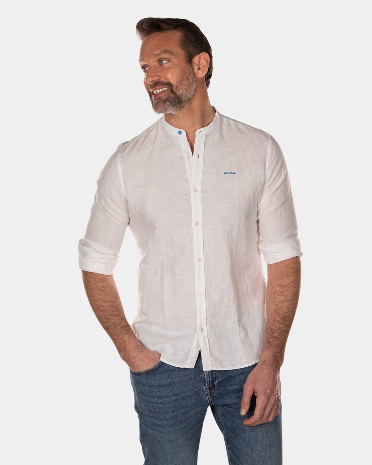 Chemise unie sans col à manches longues - Off White