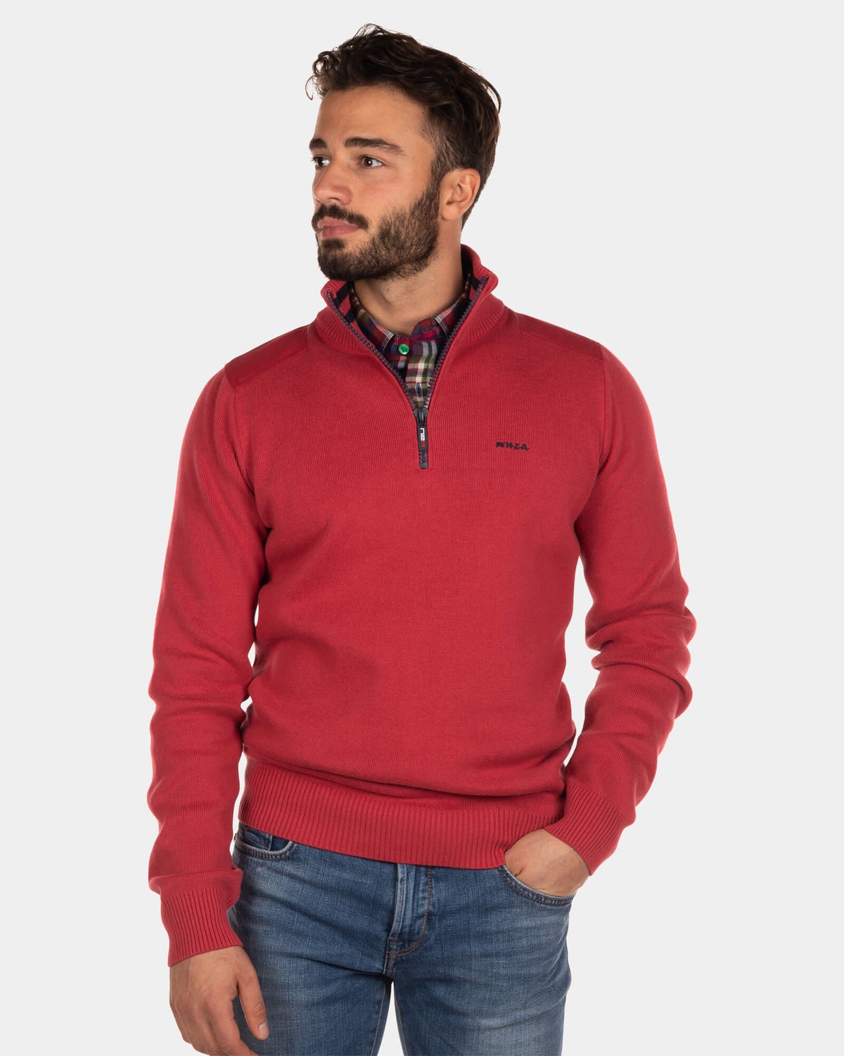 Einfarbiger Pullover mit halbem Reißverschluss Oroua - Cardinal Red