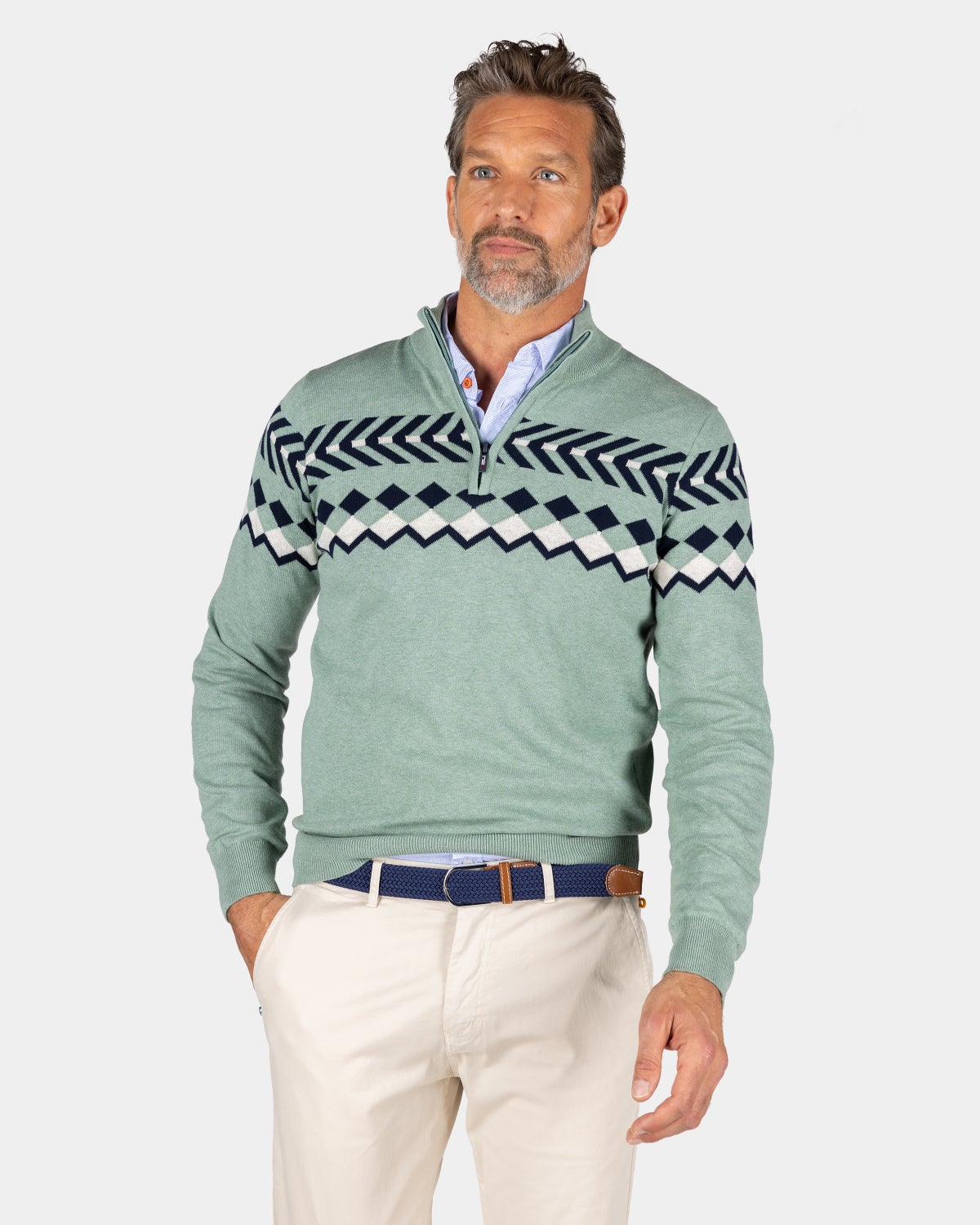 Green sweater with knitted patter - Pebble Green