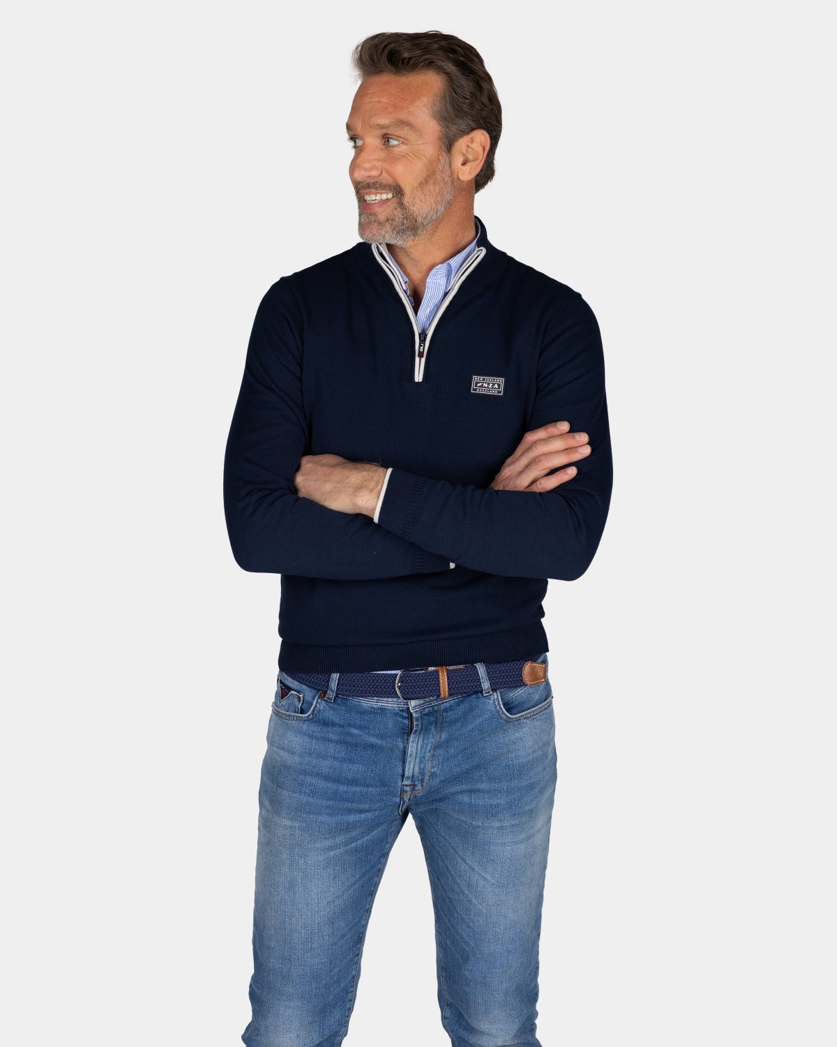 Feinstrick dunkelblauer Pullover mit halbem Reißverschluss - Autumn Navy