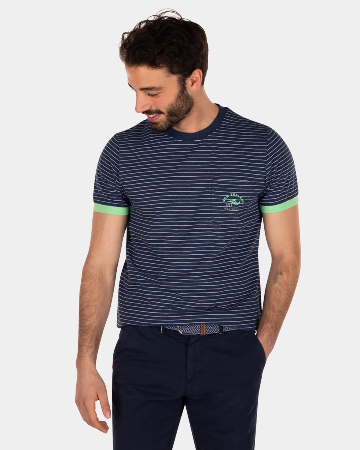 T-shirt col rond en coton rayures - Key Navy