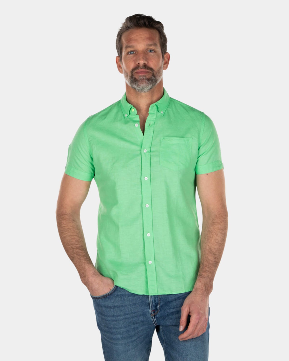 Effen linnen overhemd met korte mouw - Sea Green