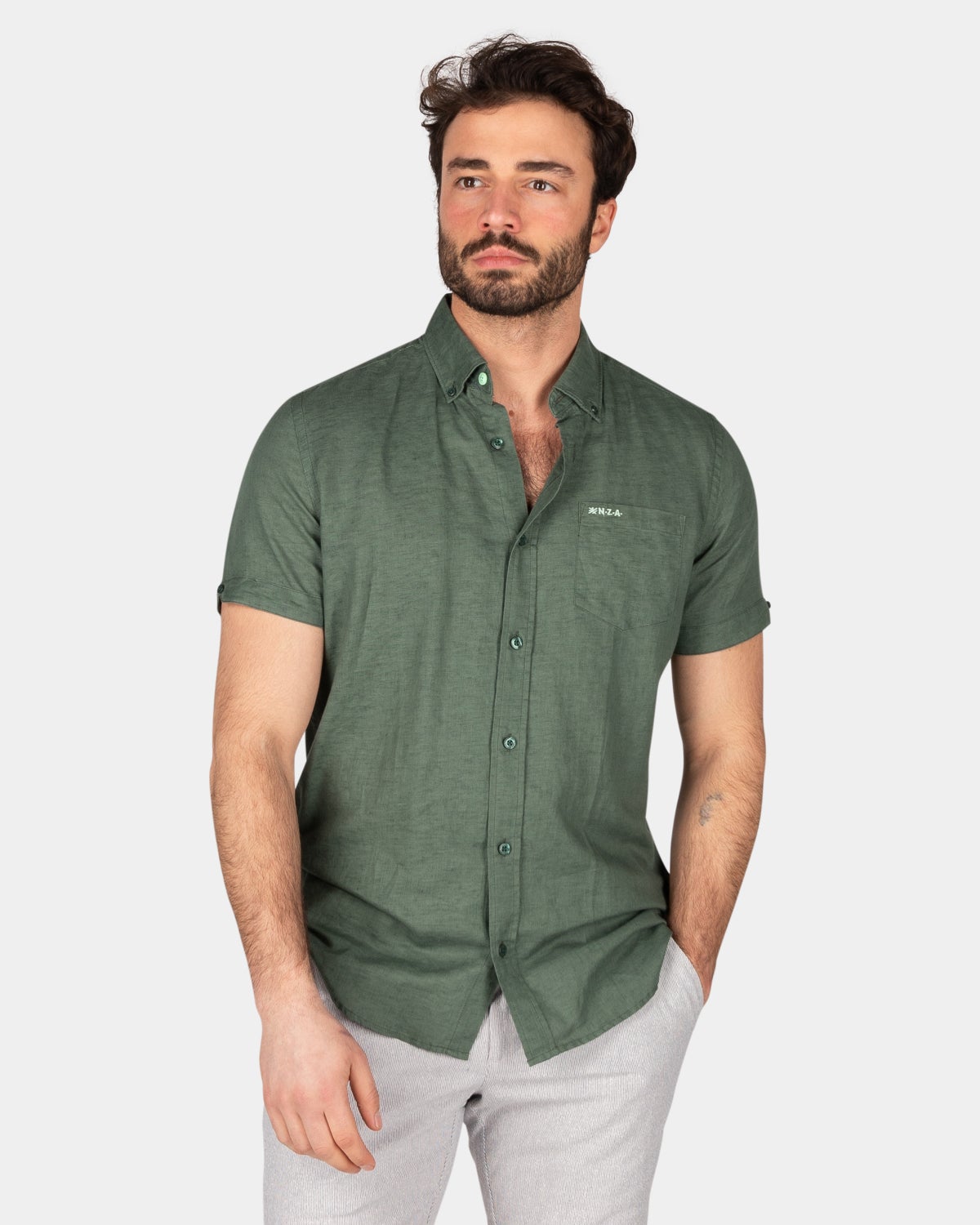 Einfarbiges Hemd mit kurzen Ärmeln - Chalk Green