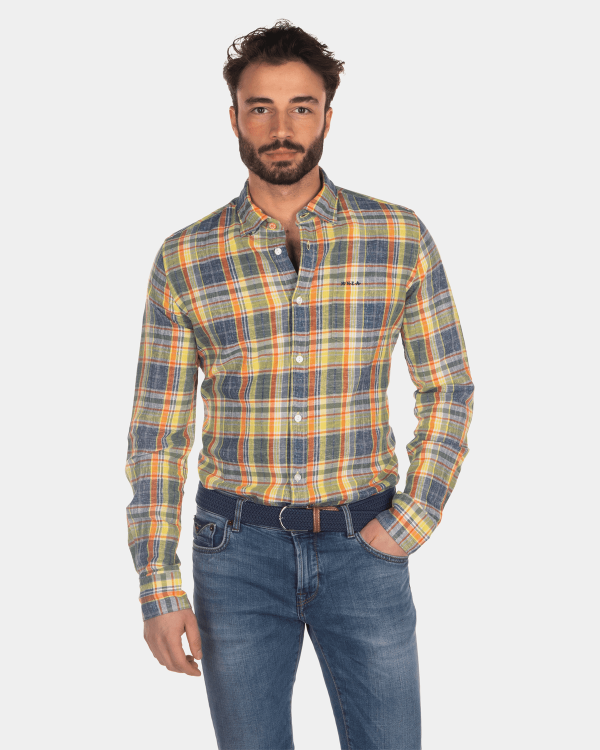 Camisa cuadros lino amarillo azul rojo - Blue Multicolour