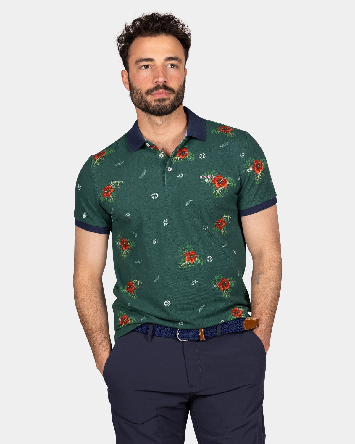 Green polo with red flowers - Classic Green