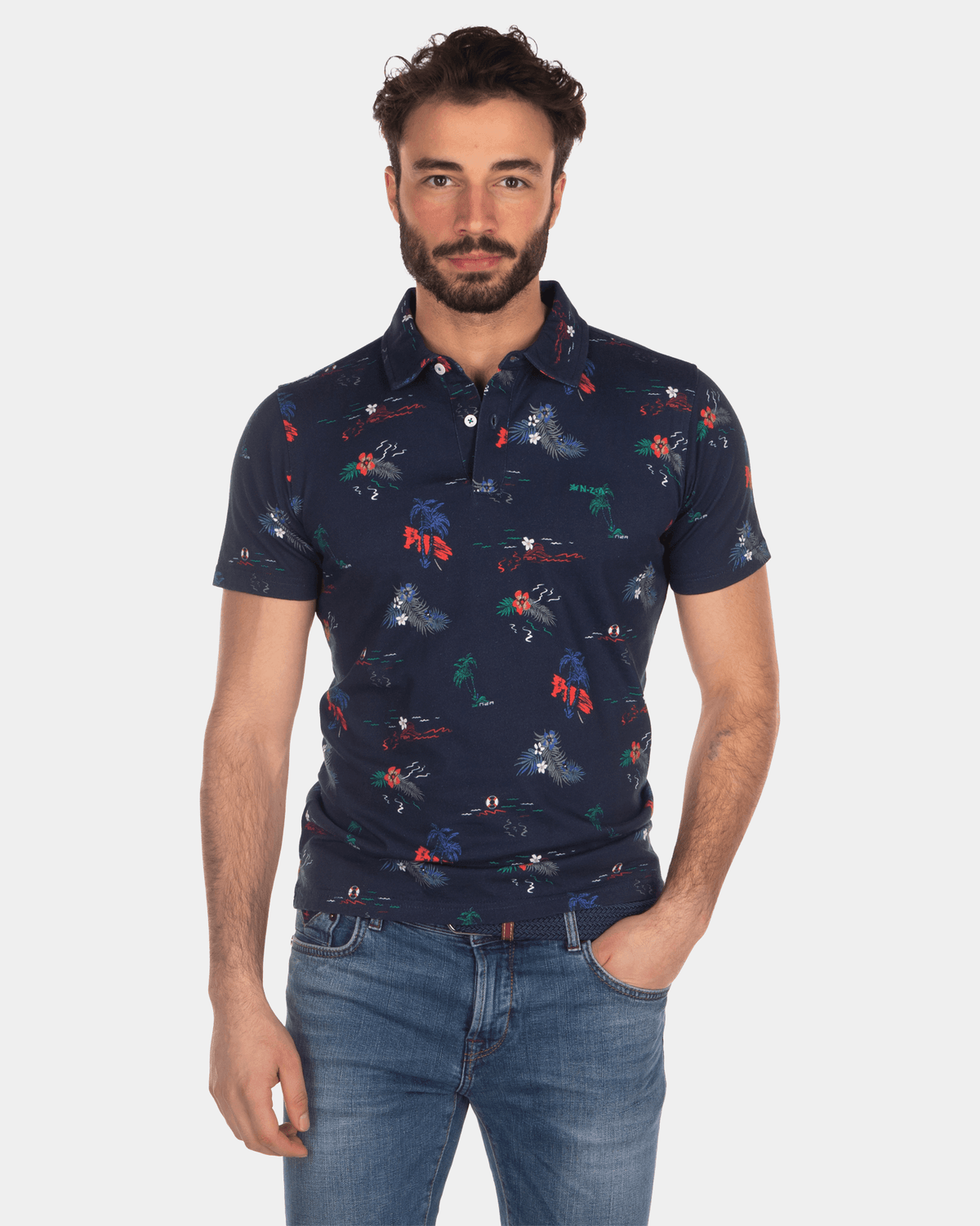 Polo de algodón con estampado de hojas azul oscuro - Industrial Navy