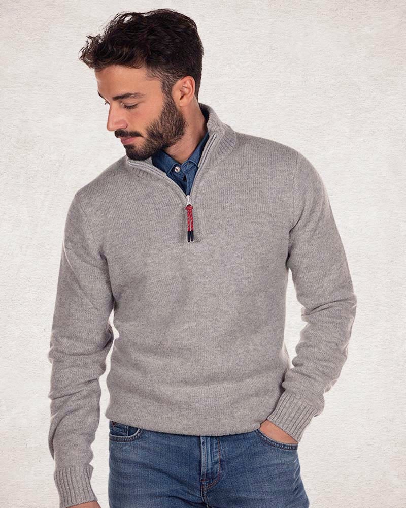 Einfarbiger Pullover mit halbem Reißverschluss - Grey Melange