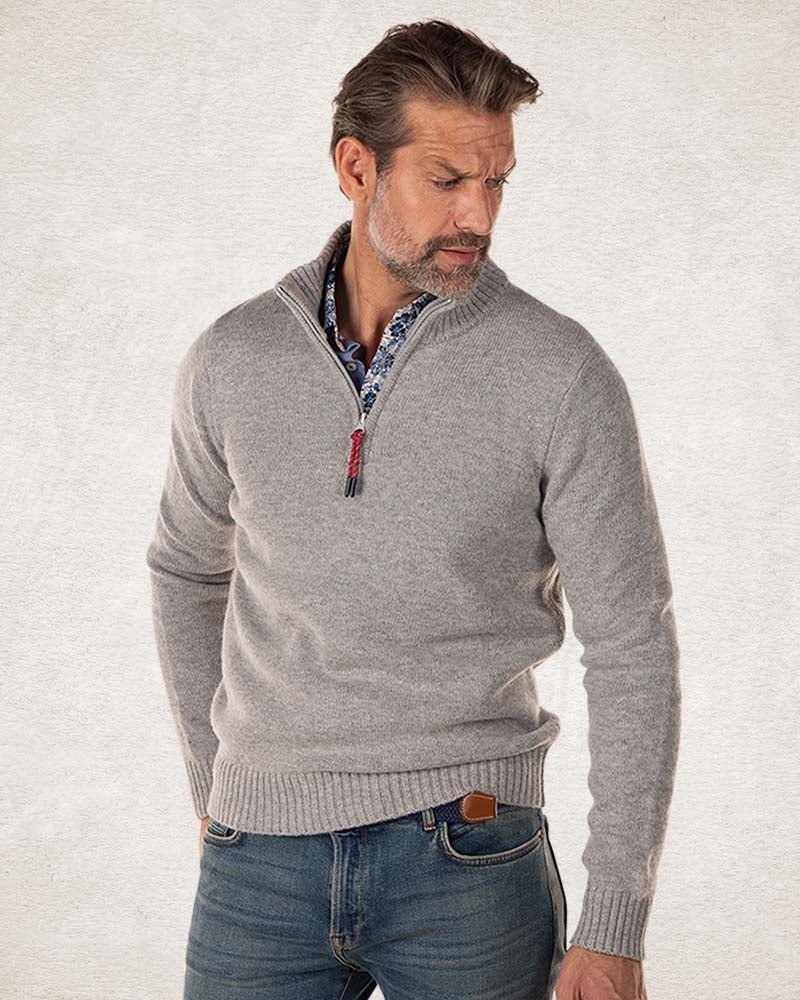 Effen pullover met halve rits - Grey Melange