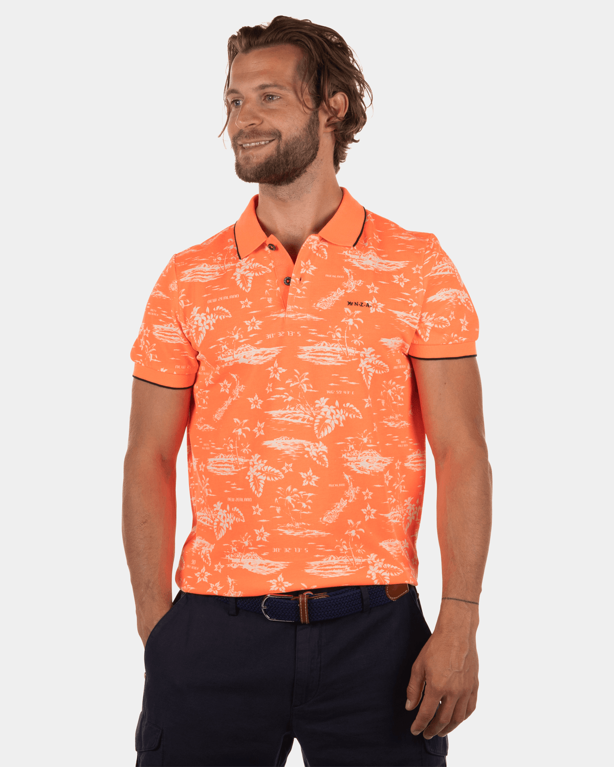 Polo met bloemenprint Loch Maree - Apricot Neon Orange