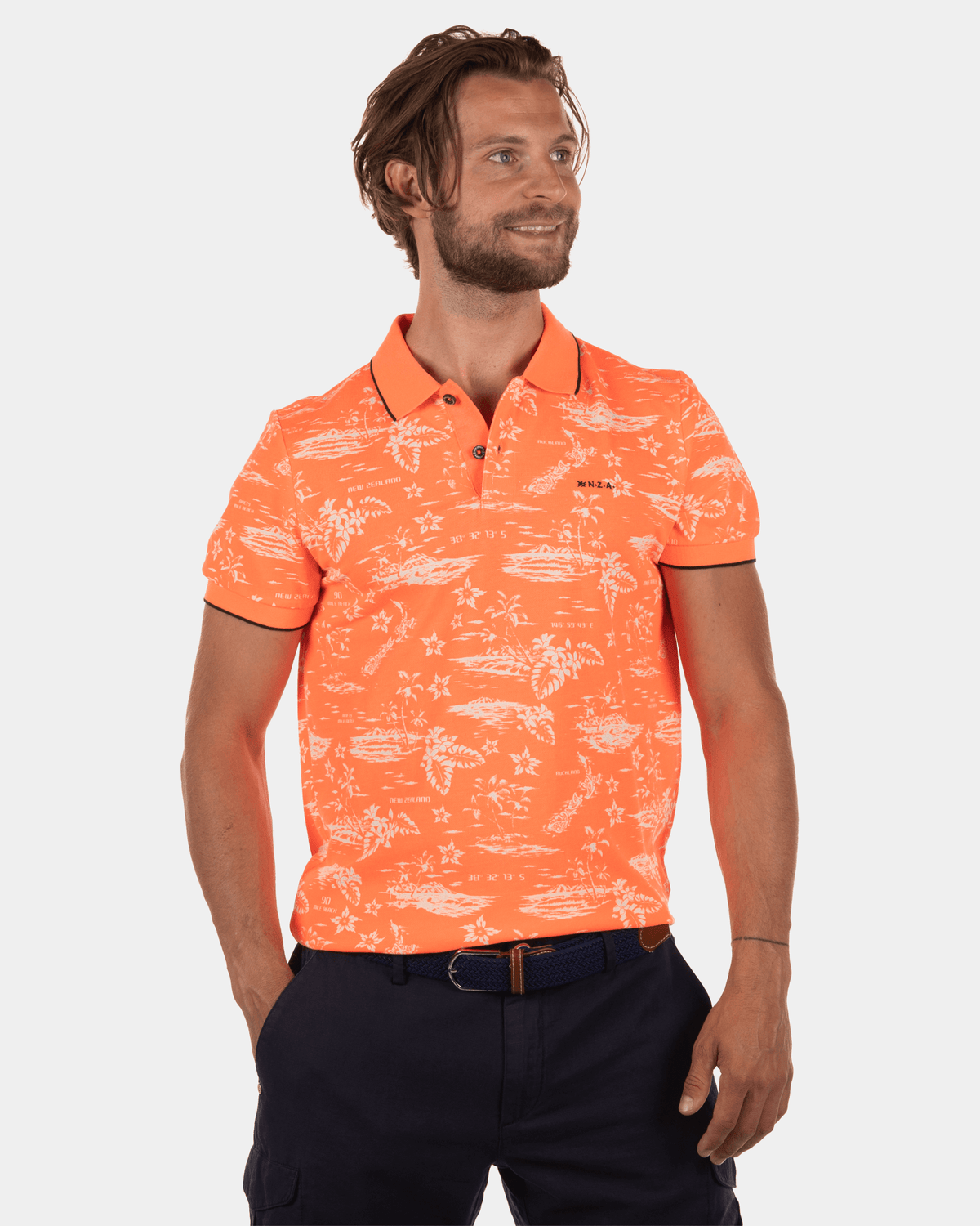 Polo met bloemenprint Loch Maree - Apricot Neon Orange