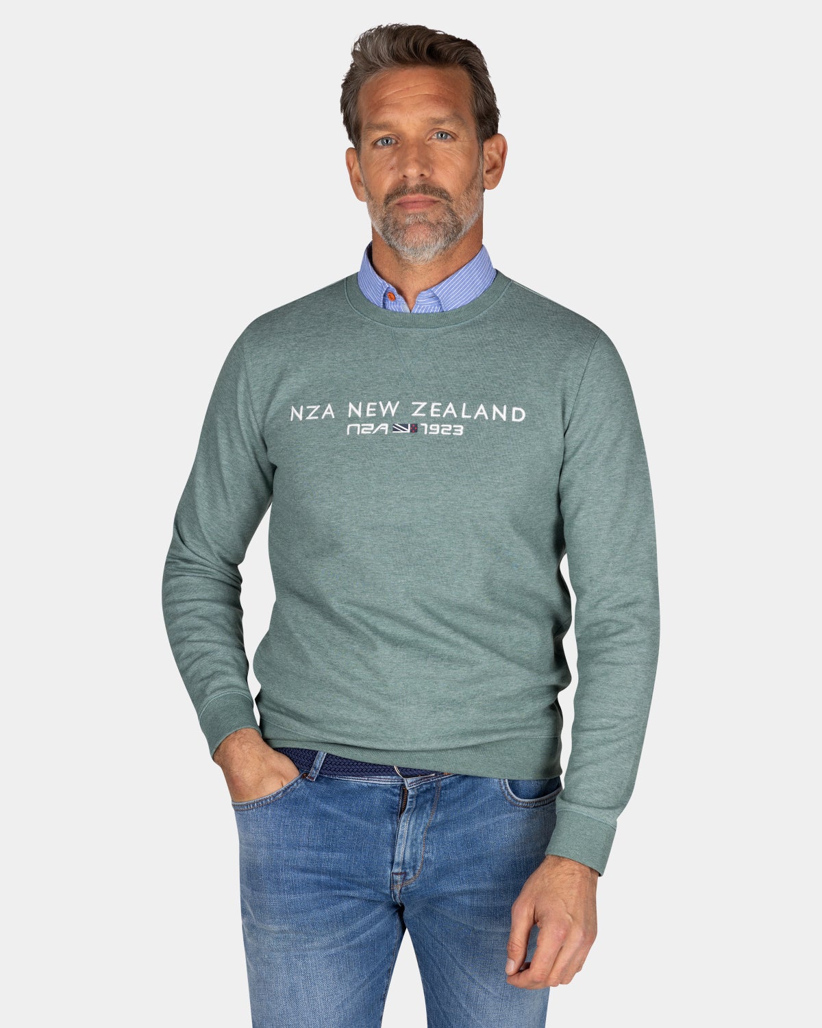 Green sweater with chest text - Pebble Green