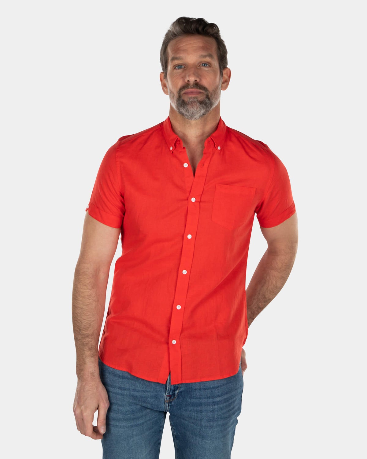 Effen linnen overhemd met korte mouw - Orange Red