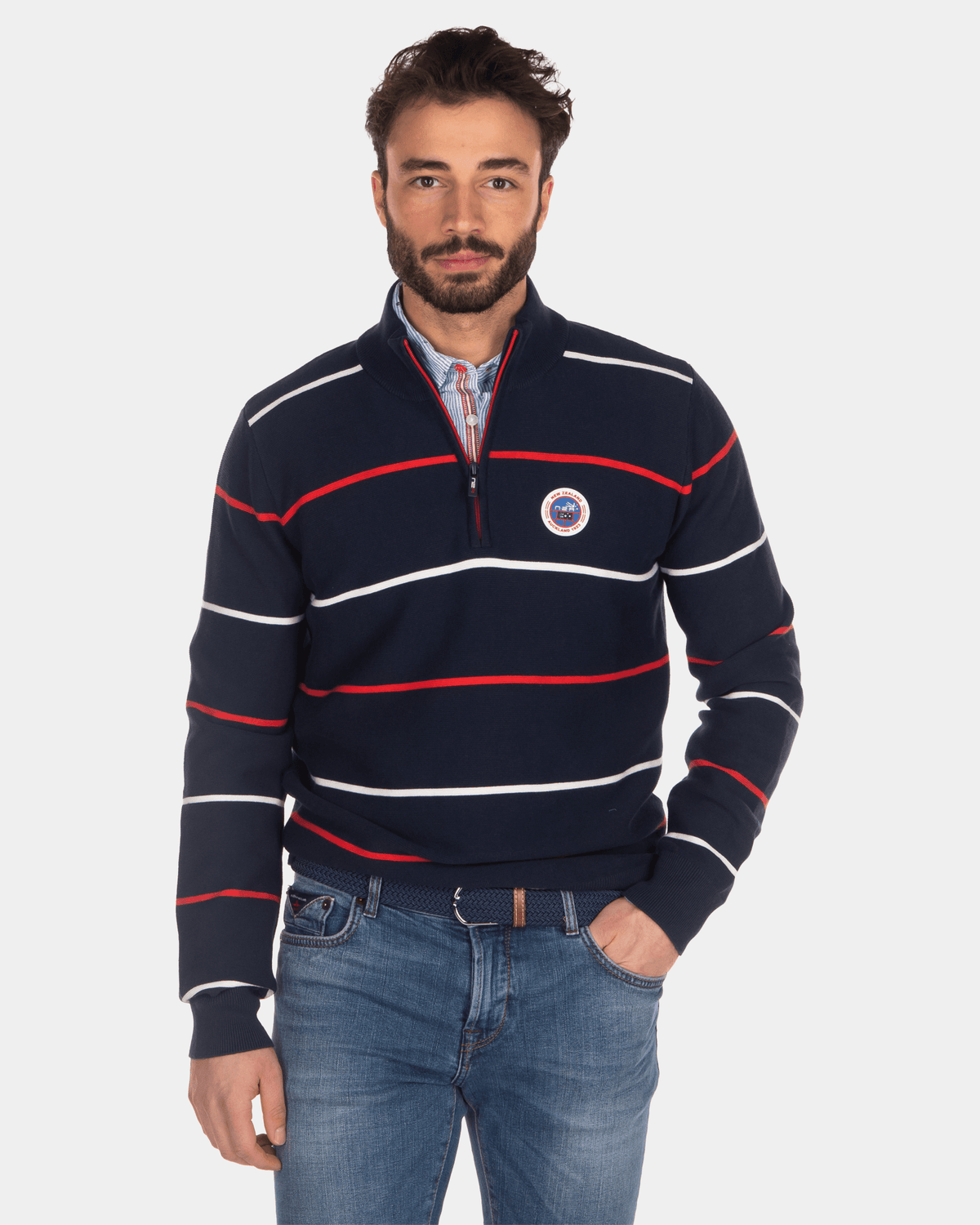 Pull rayé avec demi zip bleu rouge blanc - Industrial Navy