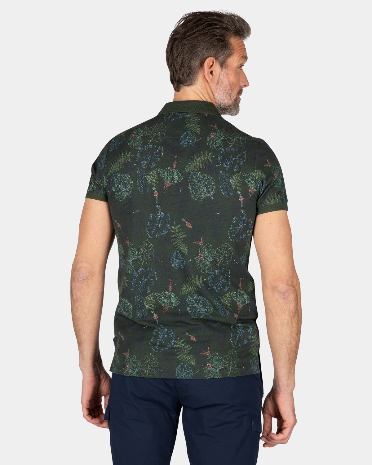 Baumwollpolo mit Blattdruck - Chalk Green