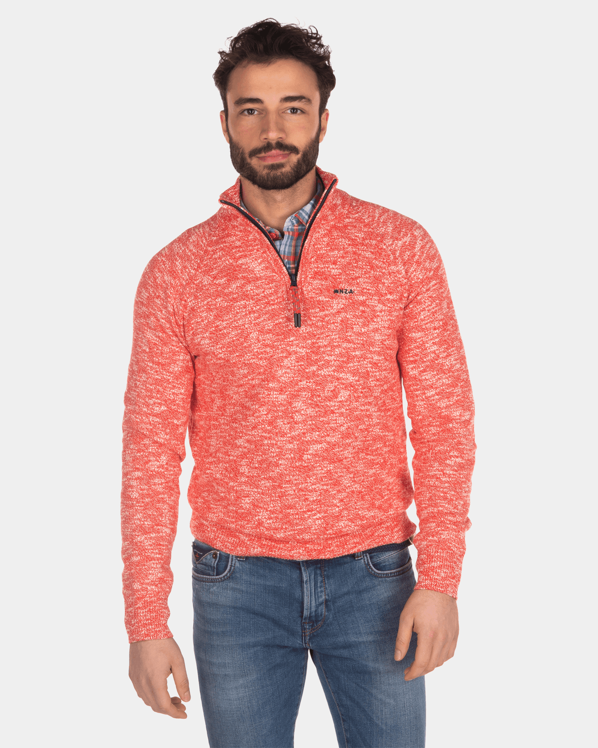 Einfarbiger Pullover mit halbem Reißverschluss - Orange Red