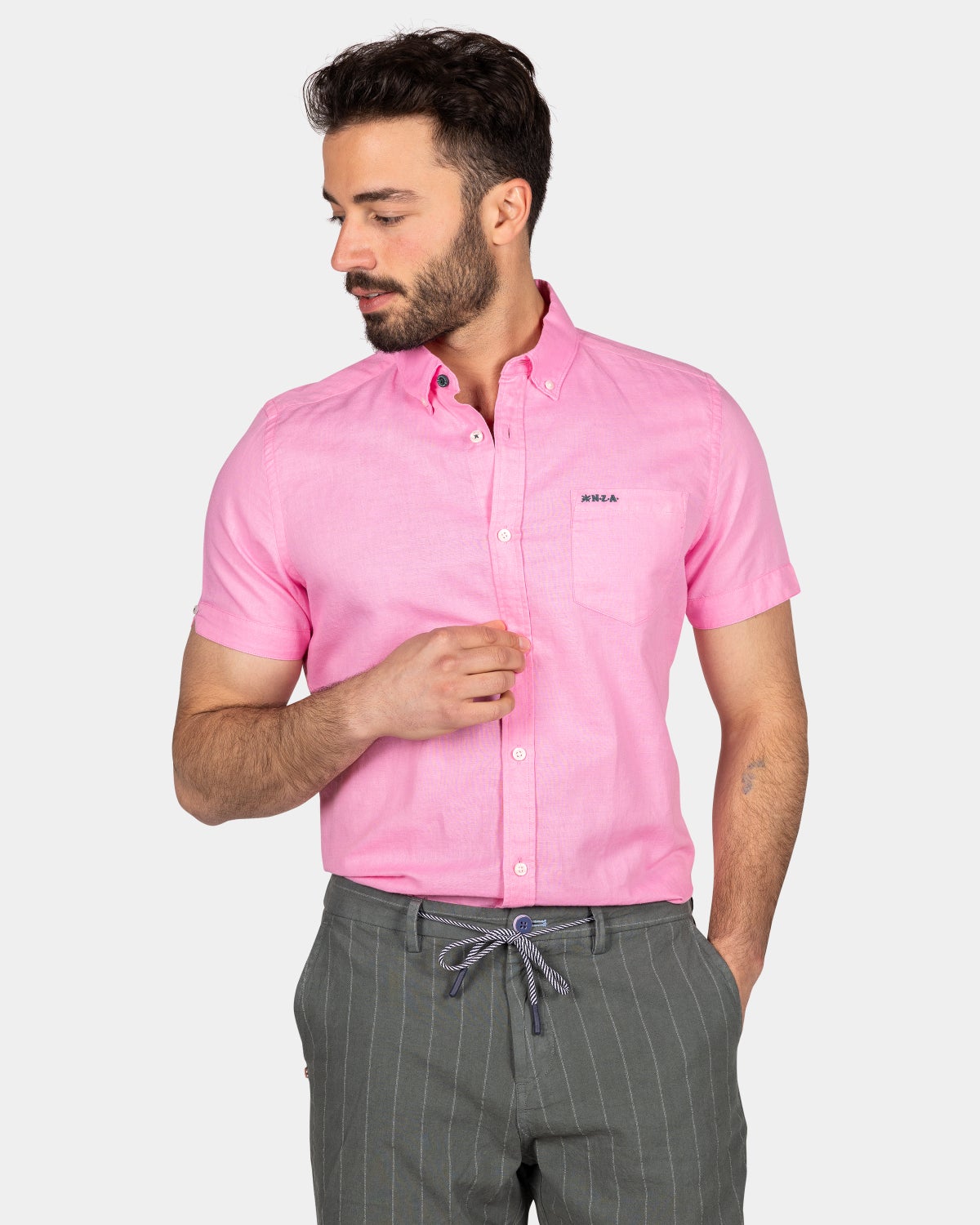 Linen shirt with short sleeves - Bright Pink