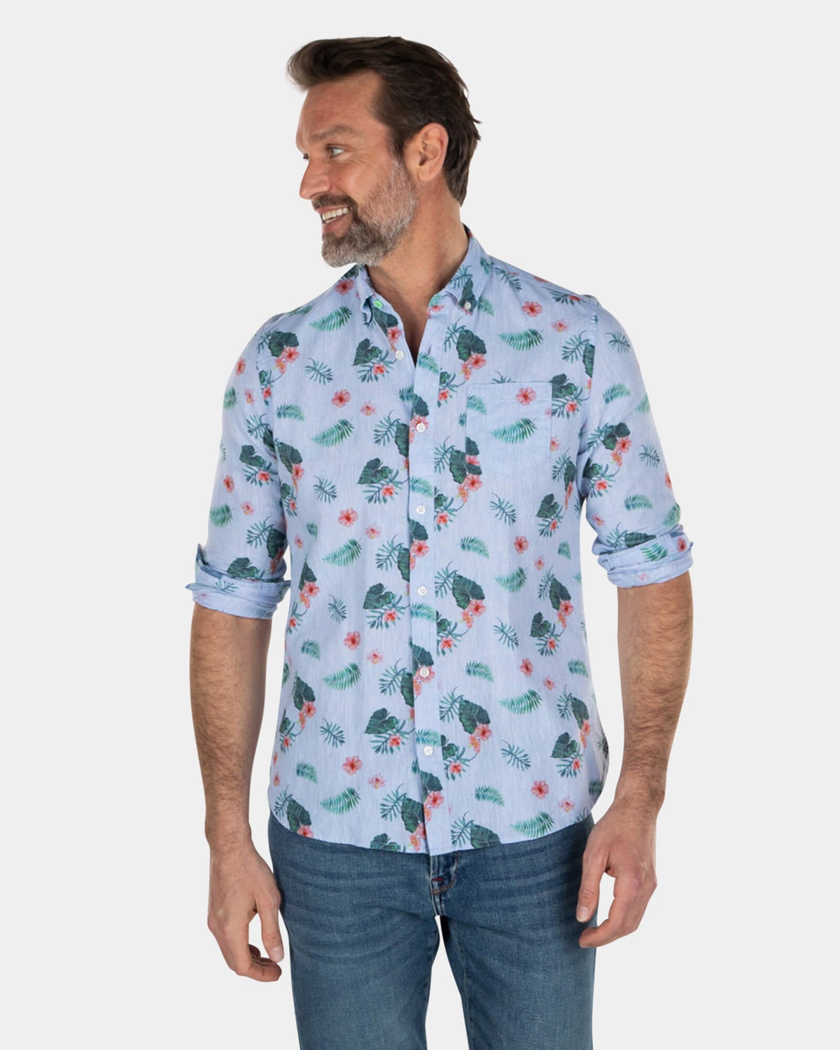 Chemise en lin et coton bleu imprimé feuilles