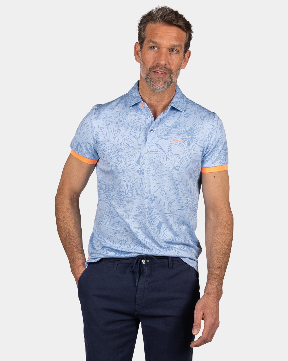 Lyocell polo with light floral print - Light Sky
