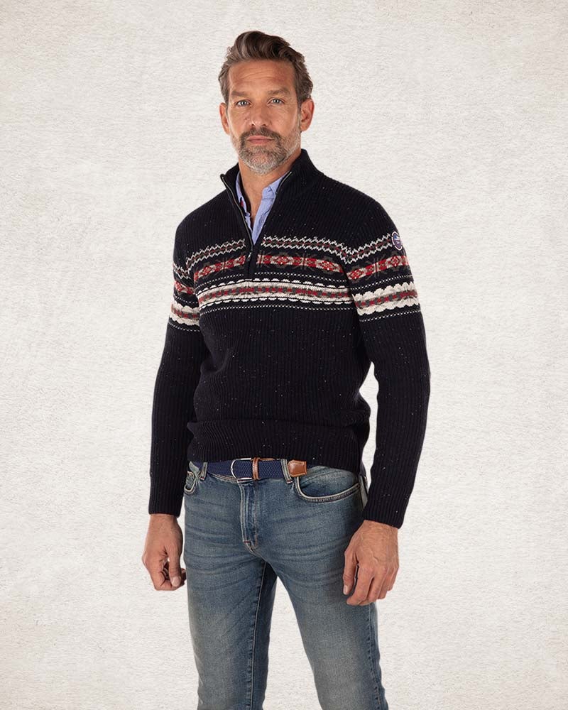 Pullover mit halbem Reißverschluss aus Baumwolle und Wolle - Pitch navy