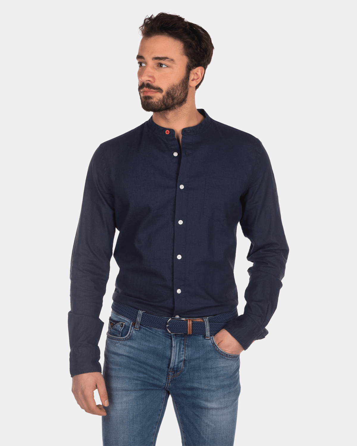 Camisa de lino sin cuello - Key Navy