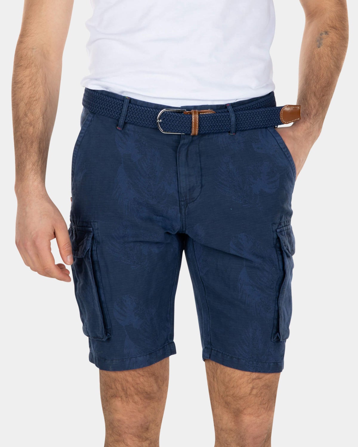 Pantalón corto cargo de lino y algodón estampado - Key Navy