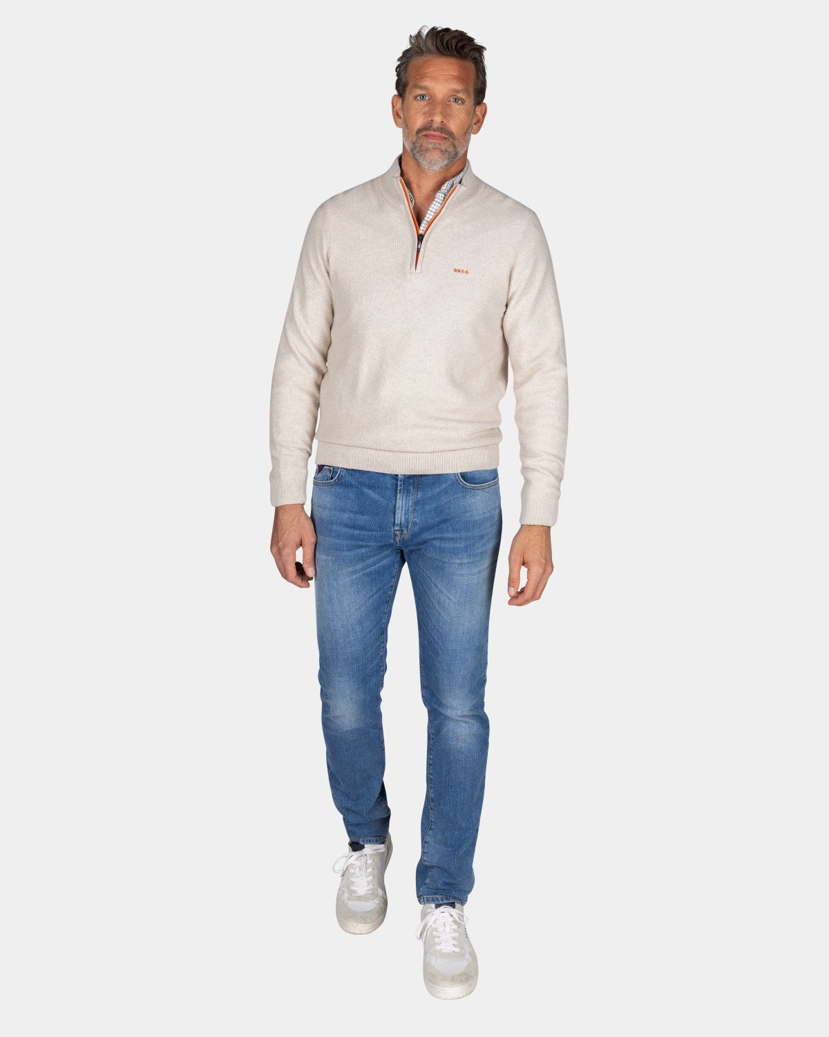 Ecru cotton half-zip sweater - Powder Sand