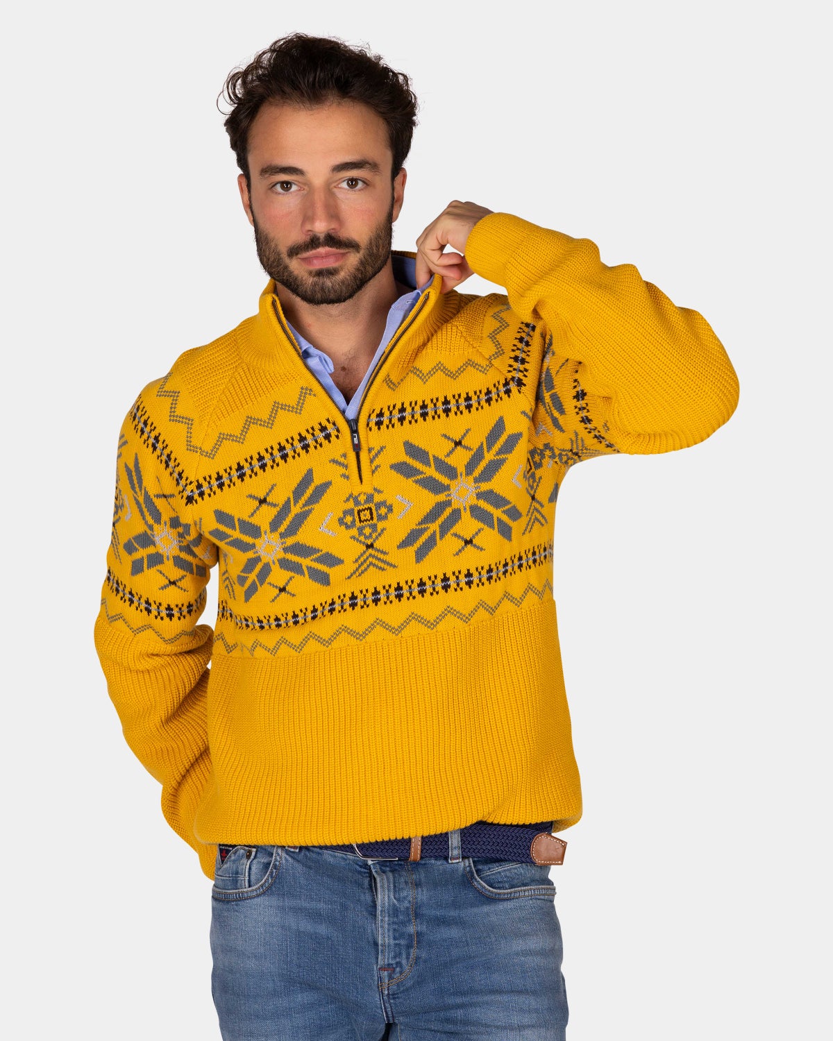 Okergele pullover met halve rits en gekleurd motief - Warm Ocre